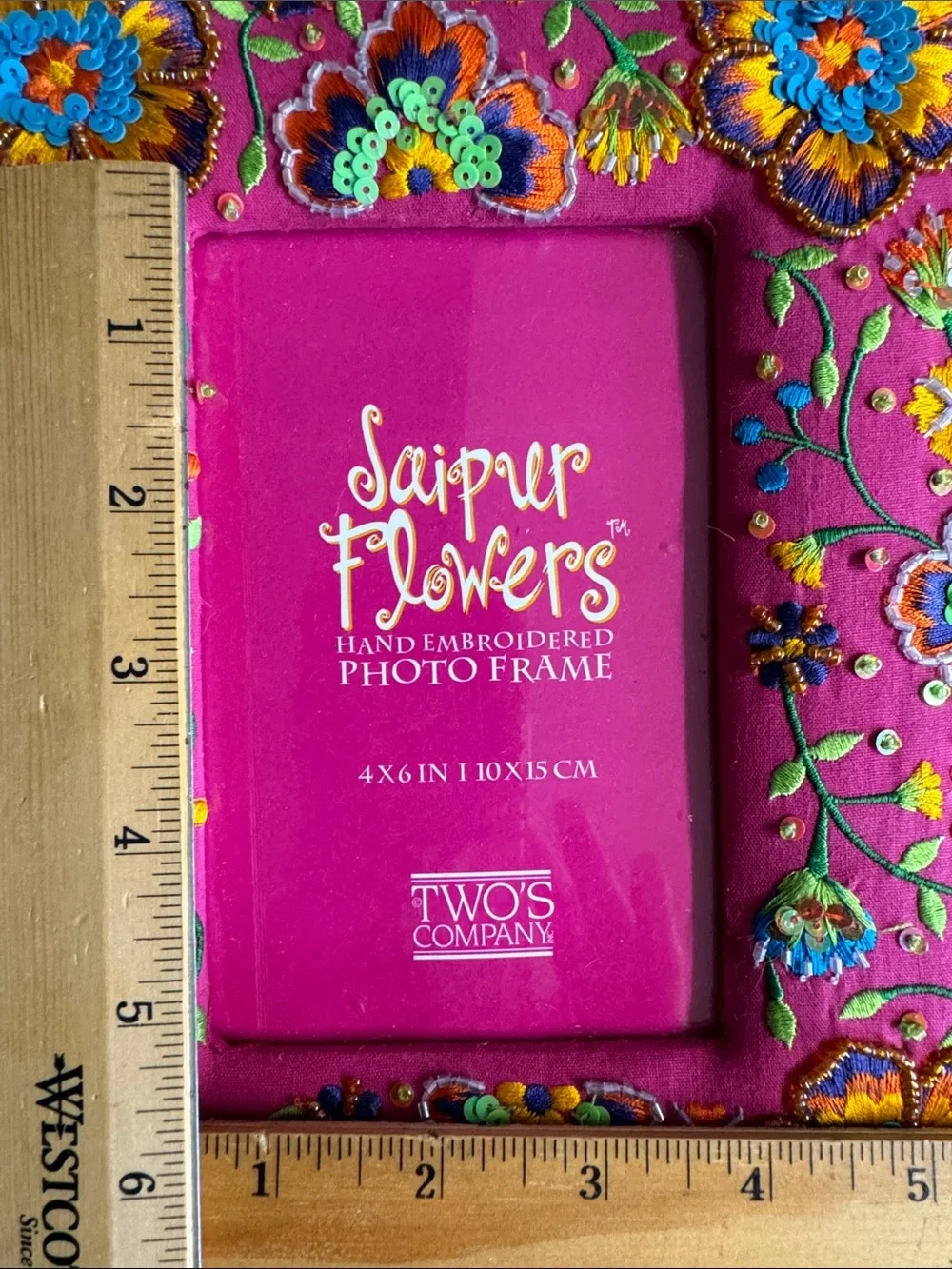 Vintage Two's Company Hot Pink Embroidered Floral Photo Frame 4”x 6”